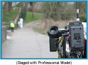 Cameraman in an outdoor venue with out of focus background. (Staged with profesisonal model).